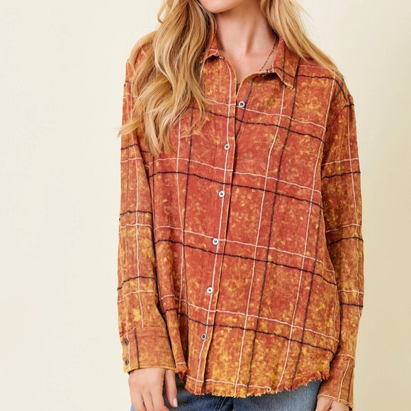 MYSTREE Rust Plaid Button Down Shirt, Distressed Hem Flannel Shirt - Picture 1 of 7